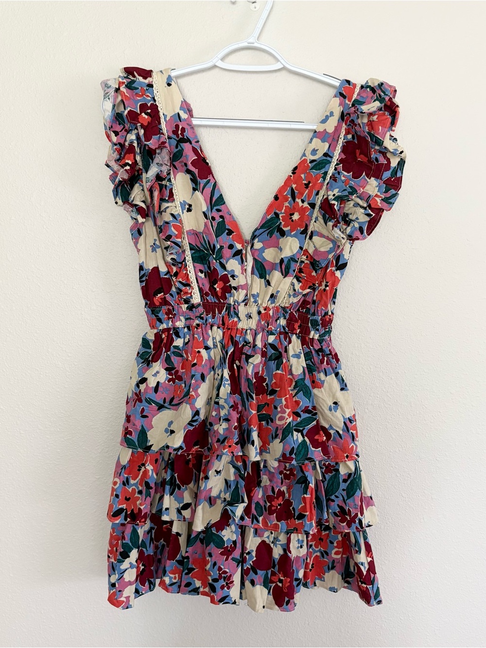 Karlie Floral Ruffle Tiered Mini Dress Pink Purple V Neck Size S Preppy